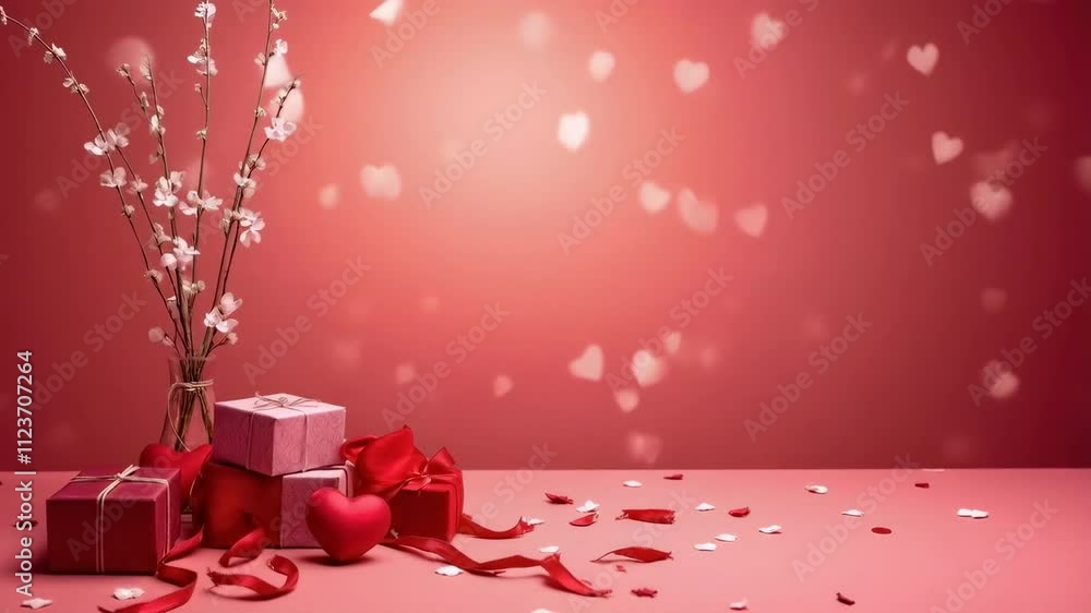 Poster a red background with a vase of flowers and a bunch of red boxes with hearts on them