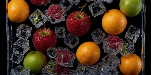 Eiskühle Frische – Zitrusfrüchte, Erdbeeren und Himbeeren in funkelnden Eiswürfeln auf dunklem Hintergrund