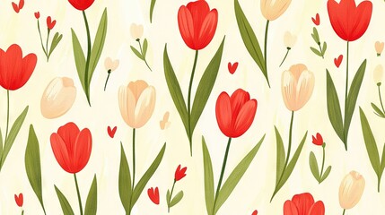 Obraz premium Red and Yellow Tulips on Cream Background with Green Leaves and Buds