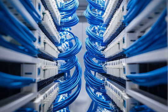 a close-up of a symmetrical arrangement of blue ethernet cables and connectors in a data center showcasing a modern and organized network setup

