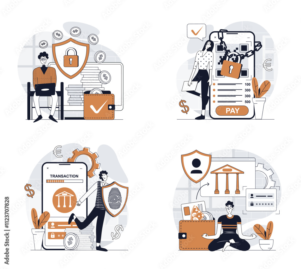Leinwandbilder Secure payment concept set in flat design for web. Collection with people making internet shopping and ordering with online paying with protect shield service for saving money. Vector illustrations.