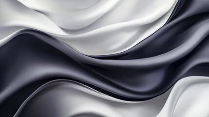 Fototapeta premium Flowing silky fabric in shades of black and gray creates an elegant and dynamic visual effect in a minimalist design setting