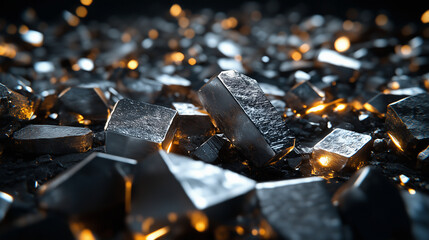 Fototapeta premium A creative arrangement of raw lithium shards and metallic stones forming an industrial landscape, with soft light highlighting their textures