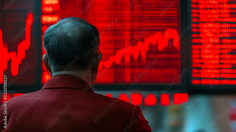 Poster Man in red jacket viewing negative stock market data on a large red LED screen.