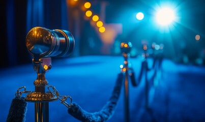 A blue carpet film premiere, and lights in the background, , Golden Stanchions, Spotlight, blue tone