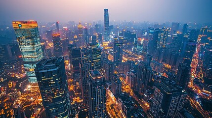 Obraz premium Aerial view of a vibrant city skyline at twilight, illuminated by city lights.