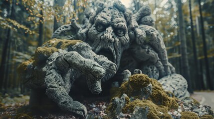 Fototapeta premium angry stone monster slams hand into ground against forest background.