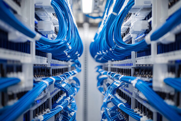 Neatly organized blue network cables running through a server rack in a data center showcasing structured cabling and technology

