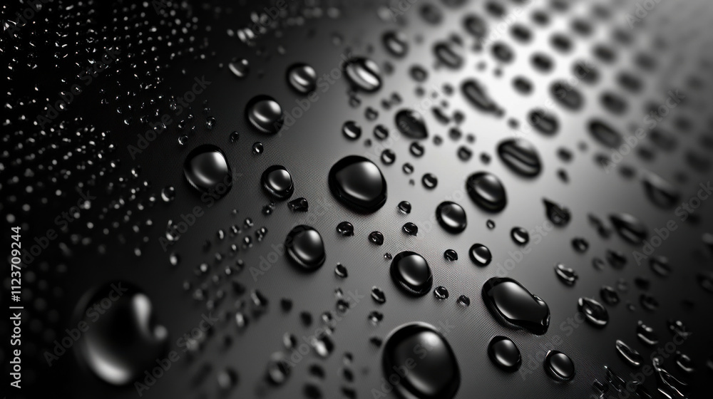 Poster raindrops collect on a smooth, dark surface, creating a reflective pattern during a rainy evening