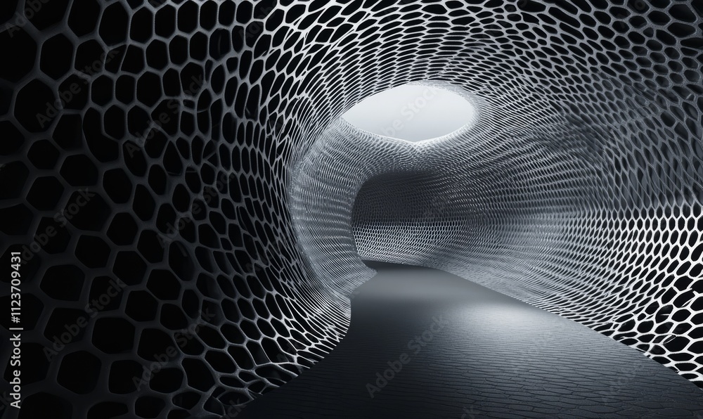 Poster a conceptual technology tunnel constructed from hexagonal mesh is displayed against a black backdrop