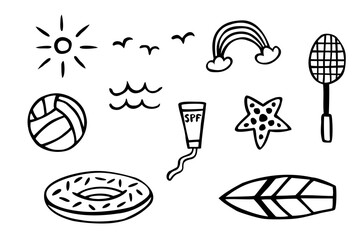 Hot summer, beach doodles set. Vector collection of hand drawn elements: swimming ring, spf cream, volleyball, surf, starfish, sun, rainbow, racket and others.