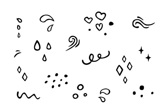 Vector doodles set. Collection of hand drawn elements: hearts, drops, wind, water, sparkles, stars.