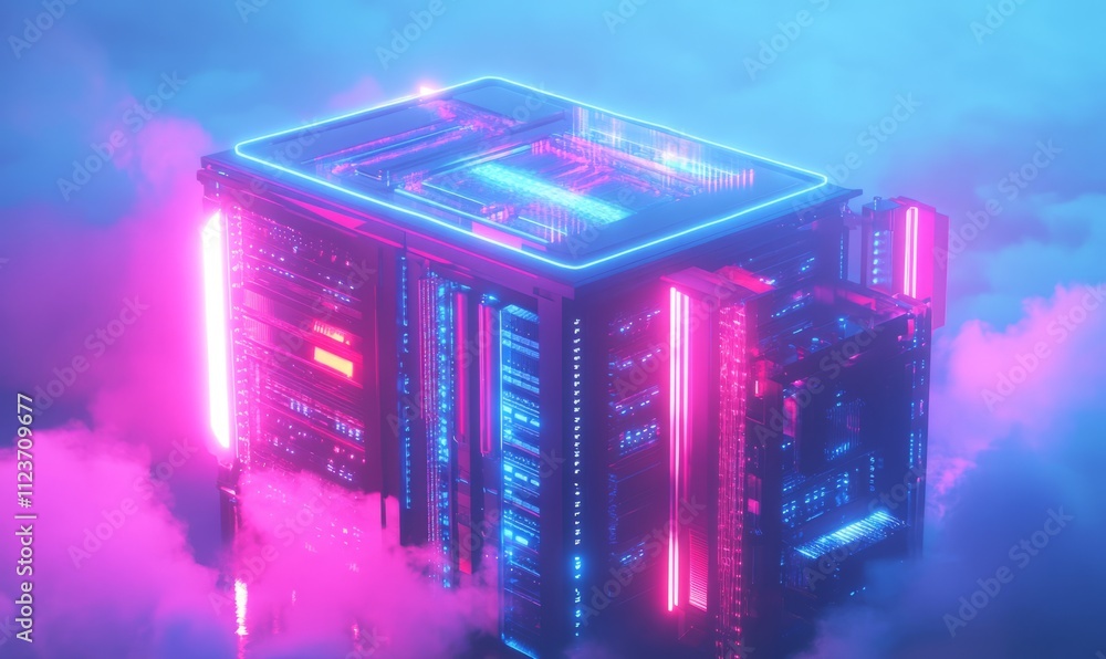 Poster a contemporary depiction of an abstract computer server cluster, providing digital information and d