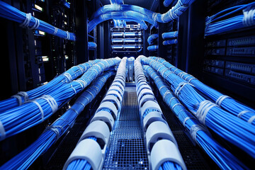 symmetrical view of blue network cables in a modern high-tech data center with glowing lights and structured layout for connectivity  
