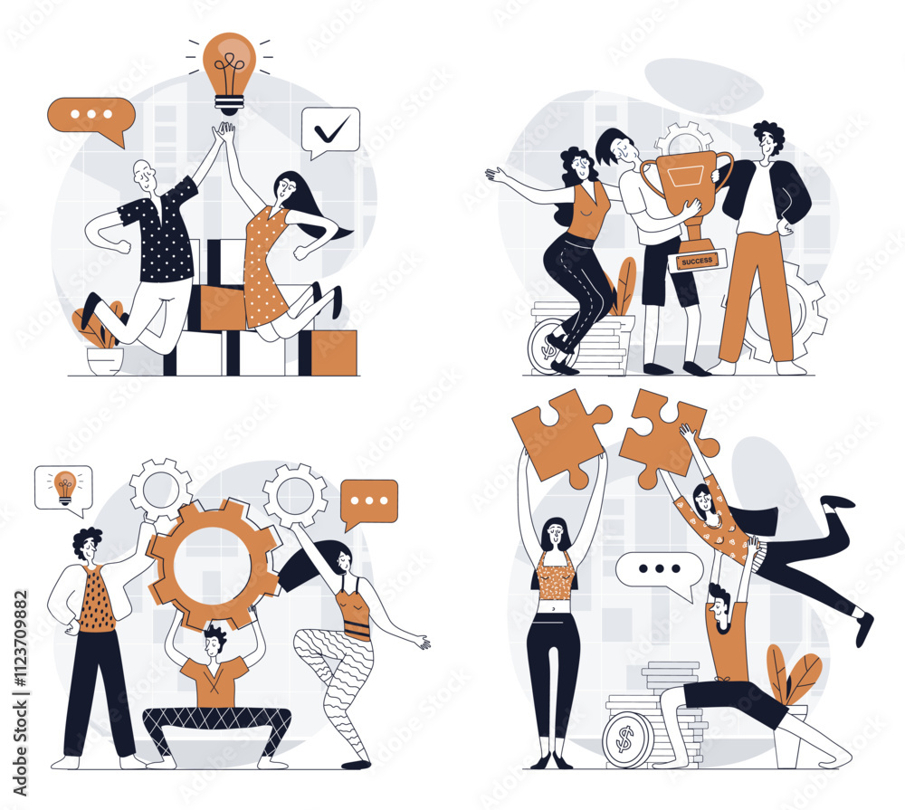 Fototapete Teamwork concept set in flat design for web. Collection with people working together, developing project, solving problems, doing tasks in team, helping at supporting partners. Vector illustrations.