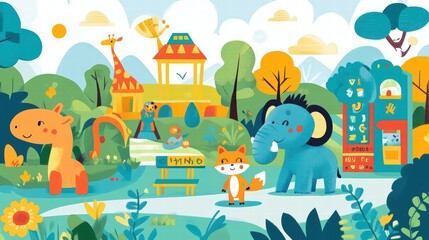 Naklejka premium A cartoon drawing of a zoo with a variety of animals, including a giraffe. Illustration
