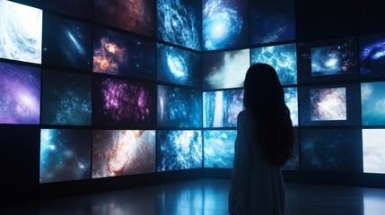 Person viewing cosmic images on many screens.