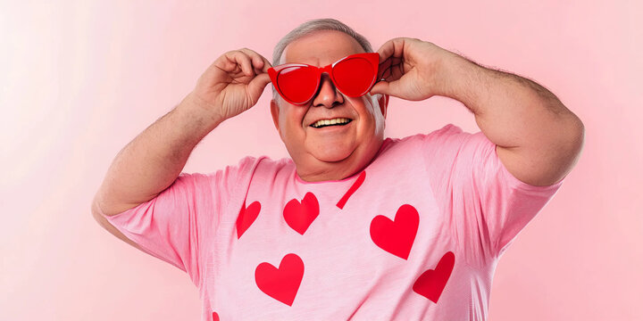 Hombre feliz con gafas rojas en colores rosa y con corazones