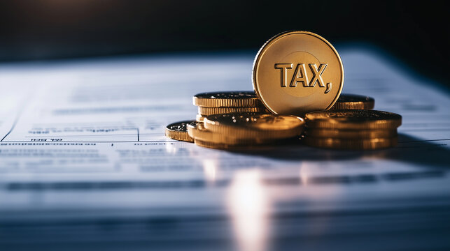 A symbolic image of golden coins stamped with "TAX," placed on top of a government tax manual under soft lighting