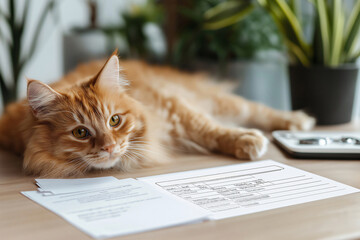 Close up of a ginger cat lying on a veterinary appointment card mockup on a desk, showcasing a playful yet practical application of pet healthcare management