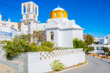 White typical Greek church in historic Filoti village, Naxos island, Cyclades, Greece