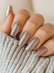 Elegant hand with glittery acrylic nails resting on a cozy sofa in a soft beige setting, showcasing sophistication and style