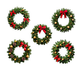 A beautifully decorated Christmas wreath made of green fir branches, embellished with red ribbons, golden baubles, and twinkling tiny fairy lights, isolated on a transparent background.