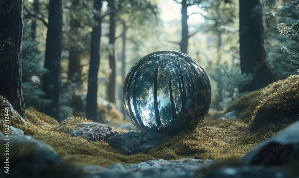 Poster glass globe set in a forest, with space left for copy in the background.