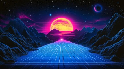 Naklejka premium Retro futuristic background. Synthwave 80s style, neon color. Shining circle of space portal, laser, neon grid. 3d dark blue backdrop, digital template. Starry sky background, mesh grid floor. Vector