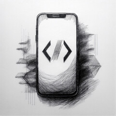 Mobile app development greeting card featuring smartphone, code, and app icons.