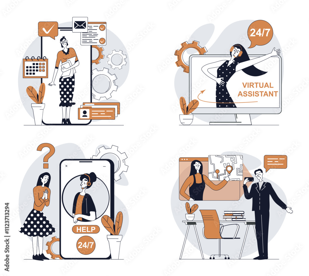 Aufkleber Virtual assistant concept set in flat design for web. Collection with people using online operator help, chatting with artificial intelligence bots, talking and getting advices. Vector illustrations.