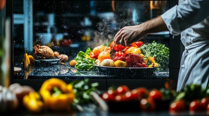 Obraz premium Chef prepares colorful vegetables; steaming pan.