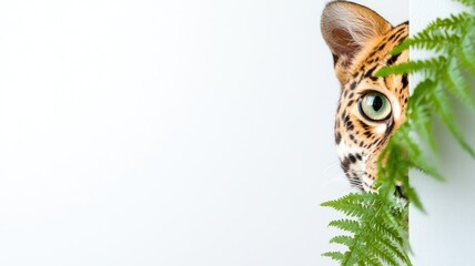 Fototapeta premium Leopard peeking from behind wall, with ferns in foreground