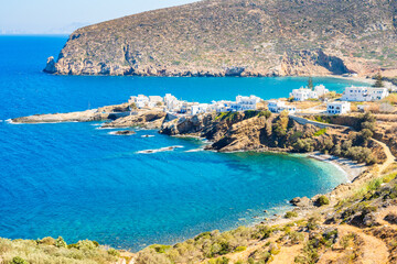 View of Apollonas bay and sea coast from road above village, Naxos island, Cyclades, Greece
