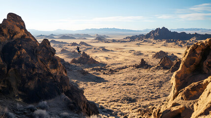 Obraz premium A rider mid-jump over a series of desert ridges framed by distant rocky outcrops.