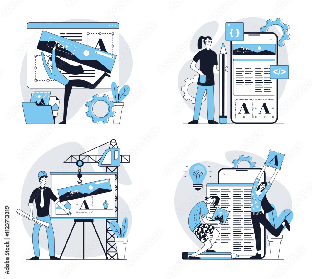 Poster Web design concept set in flat design. Collection with people building wireframe layout with content filling, creating graphic elements for applications or sites interface. Vector illustrations.