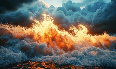 Fototapeta premium Fiery waves crash under stormy skies.