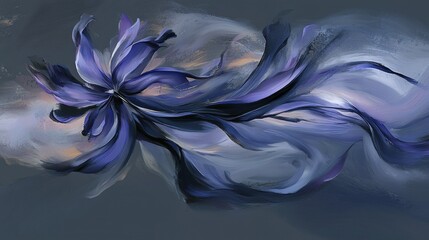 Fototapeta premium An abstract depiction of a blue blossom amidst a muted backdrop of gray and blue, featuring white turbulence enveloping the petals