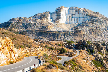 View of marble quarry on mountain top from scenic road, Naxos island, Cyclades, Greece