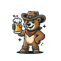 A friendly cartoon bear in cowboy boots and a hat holding a frothy beer mug, ideal for fun western-themed designs, bar logos, or festive branding. Isolated vector illustration on a white background.