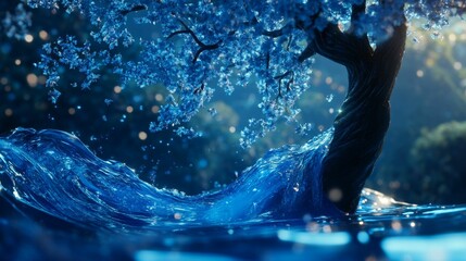 Fototapeta premium Blue water swirls around tree with blossoms.