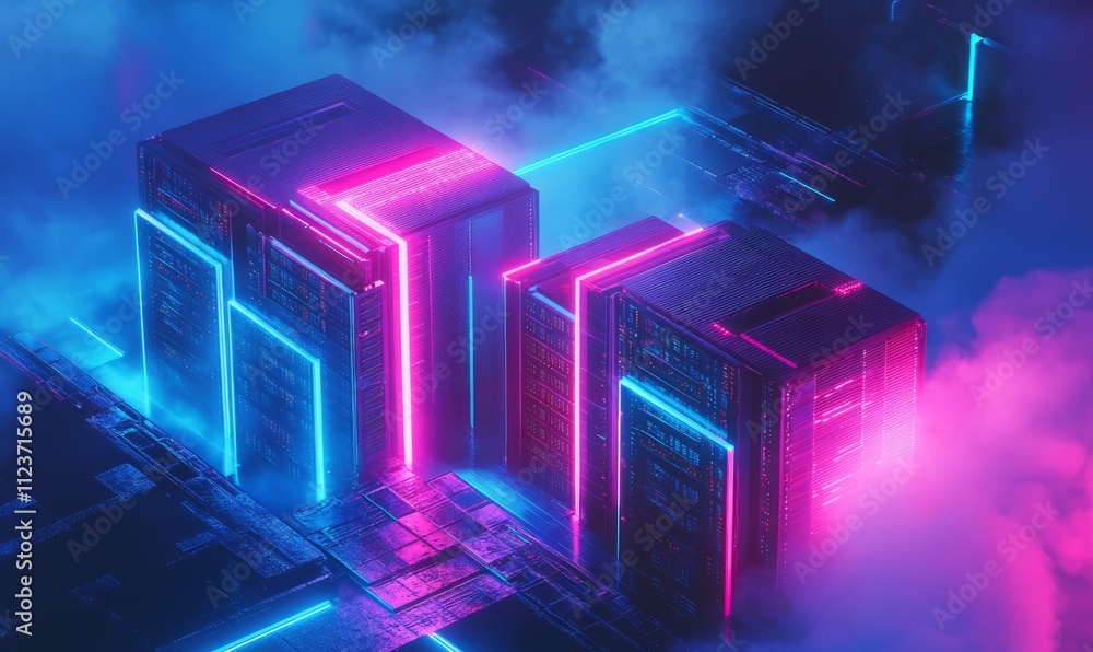 Poster a contemporary depiction of an abstract computer server cluster, providing digital information and d