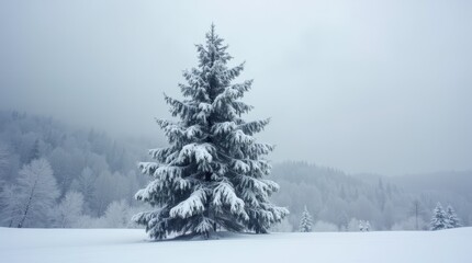 Obraz premium Majestic Snow-Covered Pine Tree Against Winter Clouds