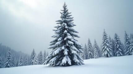 Obraz premium Majestic Snow-Covered Pine Tree Against Winter Clouds