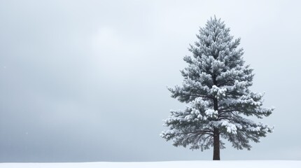 Fototapeta premium Majestic Snow-Covered Pine Tree Against Winter Clouds