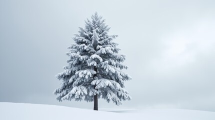 Obraz premium Majestic Snow-Covered Pine Tree Against Winter Clouds
