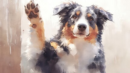 Playful Australian Shepherd dog giving paw, watercolor style.