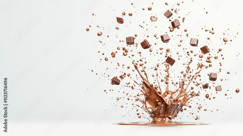 Poster a dynamic splash of chocolate with flying cubes creates an artistic and appetizing visual effect aga