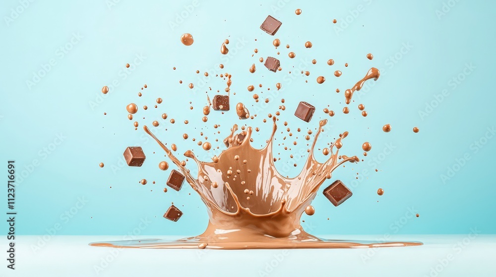 Poster A dynamic splash of chocolate with floating cubes, set against a light blue background, creating an inviting and playful visual.