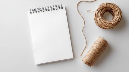 Blank notebook and brown twine coil on white surface